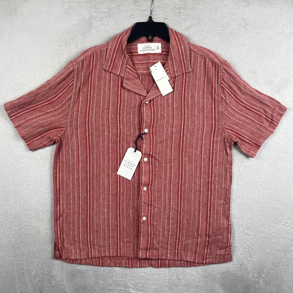 New Abercrombie & Fitch Shirt Men Medium Red Stripe Summer Linen Blend Button Up